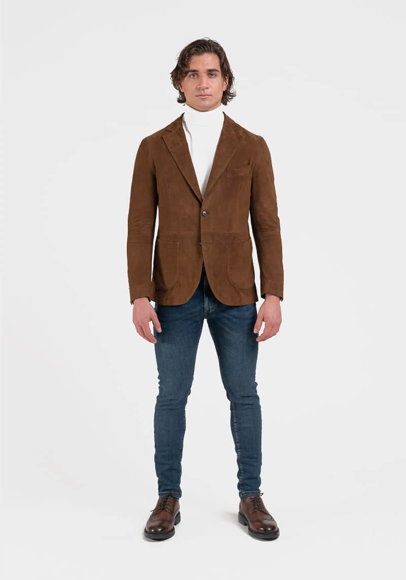 Herald-blazer-elegante-percha-gamuza-cabra-terciopelo-marron-cara