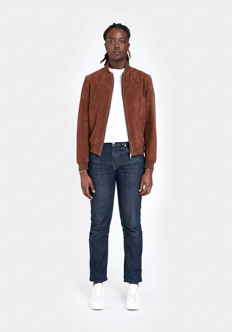 Hugo-blouson-elegant-leger-minimaliste-daim-velours-marron-castano-face