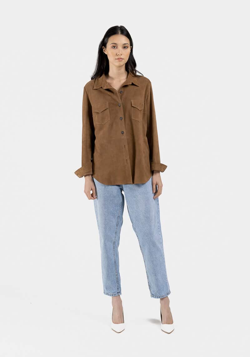 Monica-jacket-shirt-light-elegant-suede-goat-velvet-brown-face