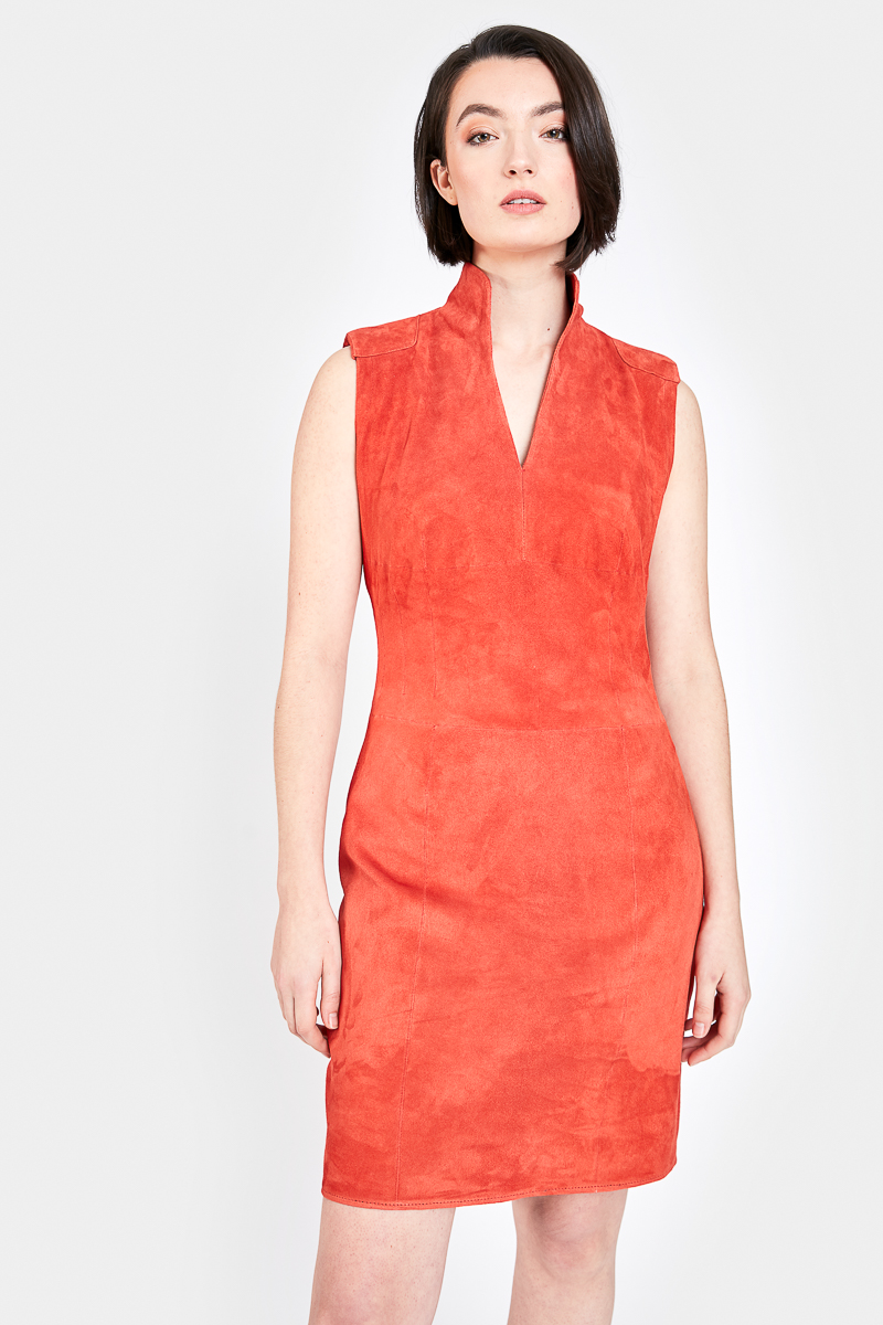 Dakota-robe-cintree-elegante-tendance-daim-velours-orange-closeup