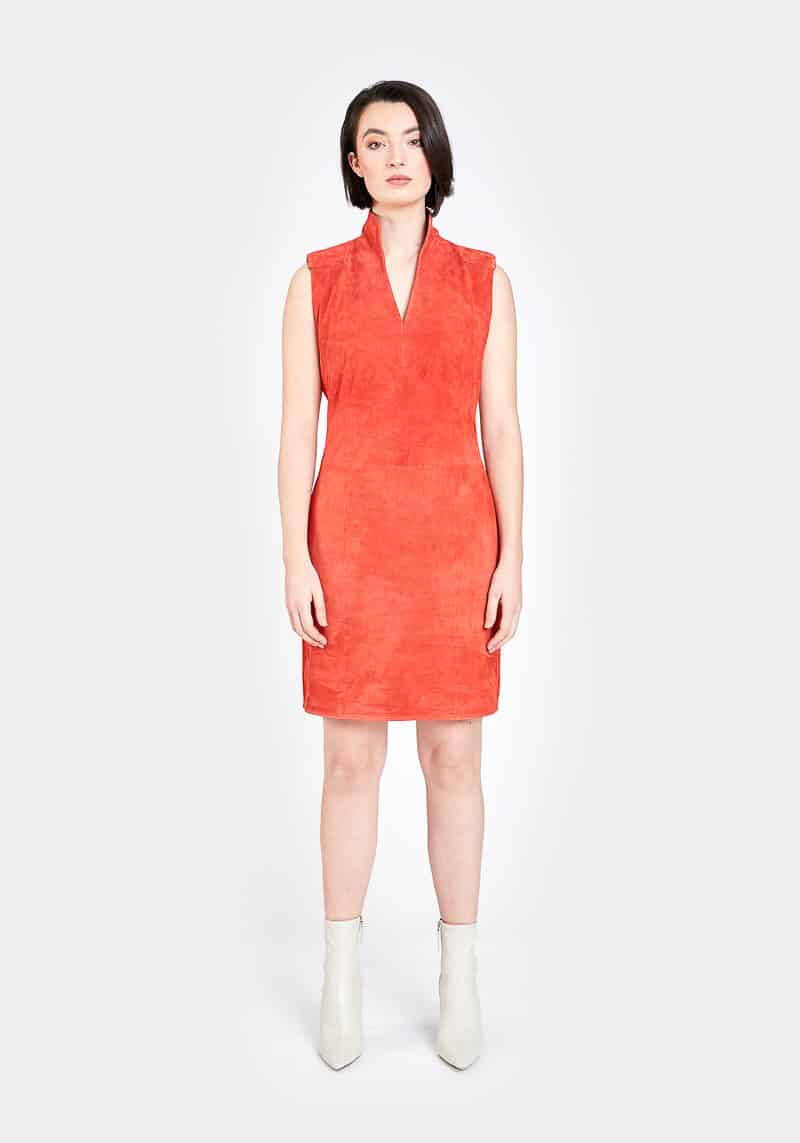 Dakota-vestido-entallado-elegante-trendy-gamuza-terciopelo-naranja-face