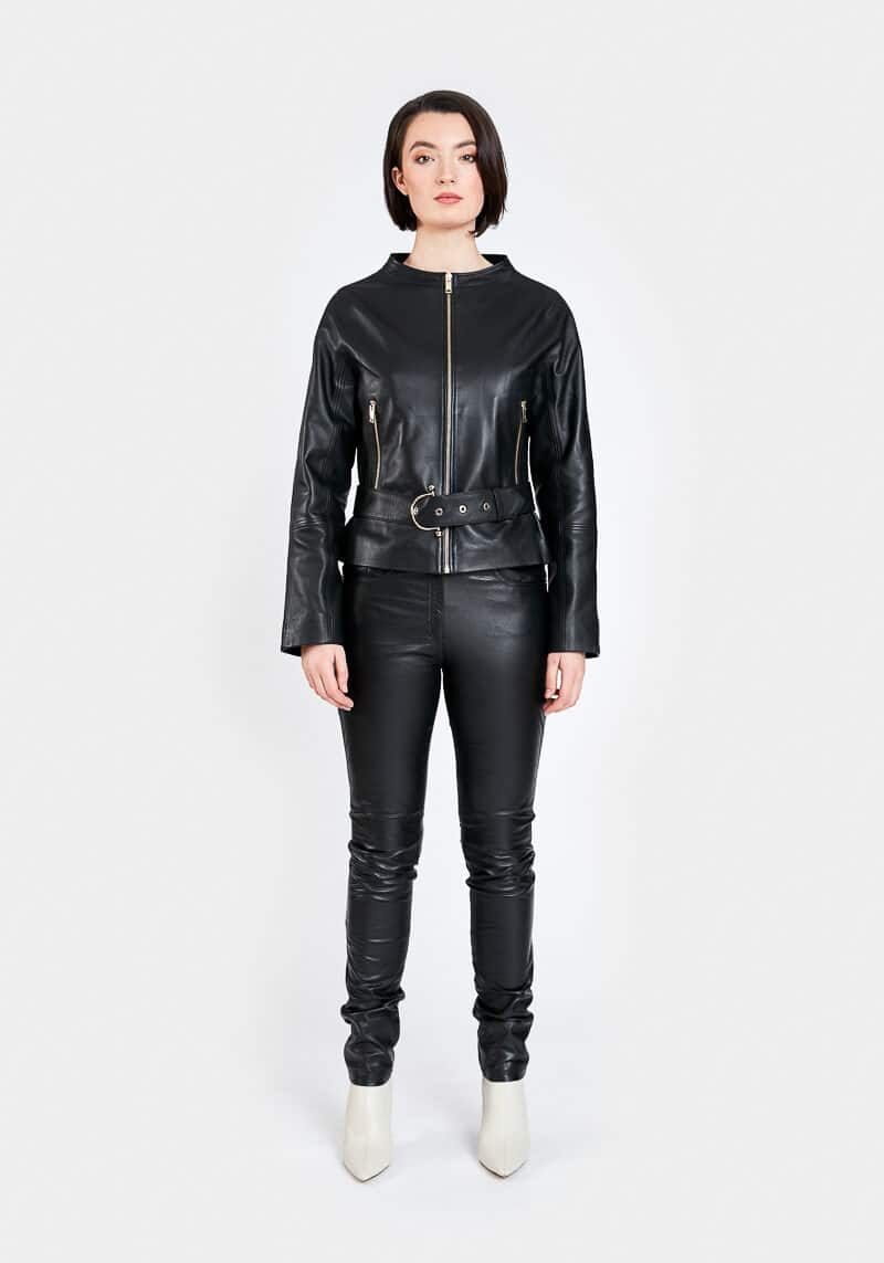 Verso-fitted-jacket-elegant-belt-leather-lamb-black-face