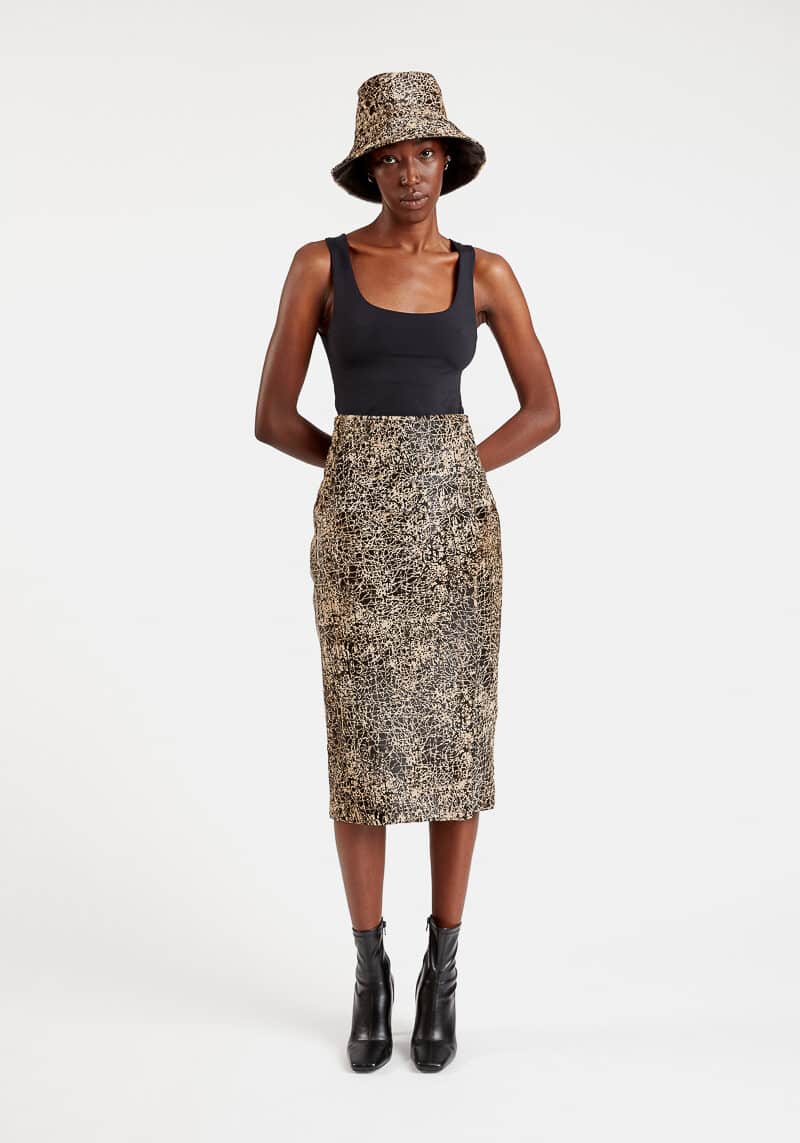 Bora-skirt-designer-pencil-fuseau-adjusted-knee-length-high-waist-cavallino-leather-printed-slit-chic-fashion-29thoctober-1