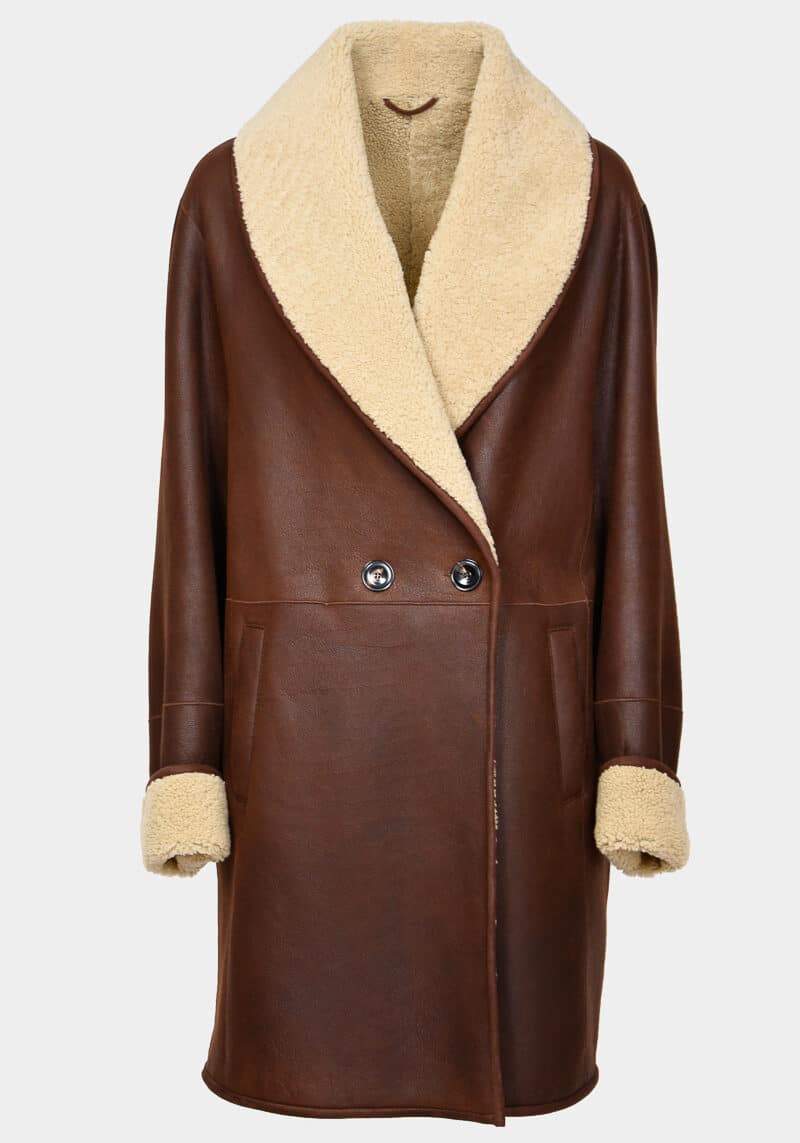 Denali-cappotto-media-lunghezza-marrone-beige-collo-scialla-tasche-chiusura-croce-bottoni-agnello-shearling-shearling-pelle-montone-0