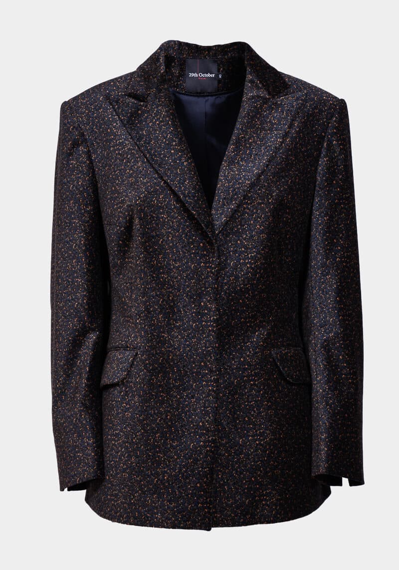 Fable-fitted-blazer-jacket-adjusted-70s-style-collar-lapel-pockets-fastening-press-studs-velvet-printed-navy-blue-0