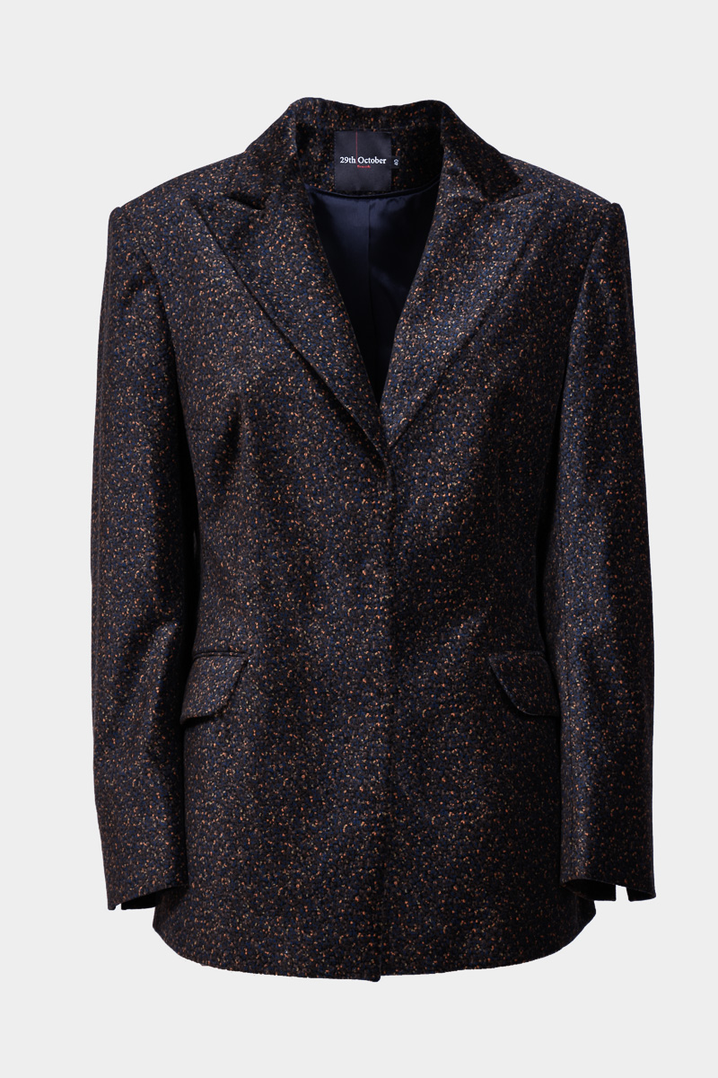 Fable-fitted-blazer-jacket-adjusted-70s-style-collar-lapel-pockets-fastening-press-studs-velvet-printed-navy-blue-0