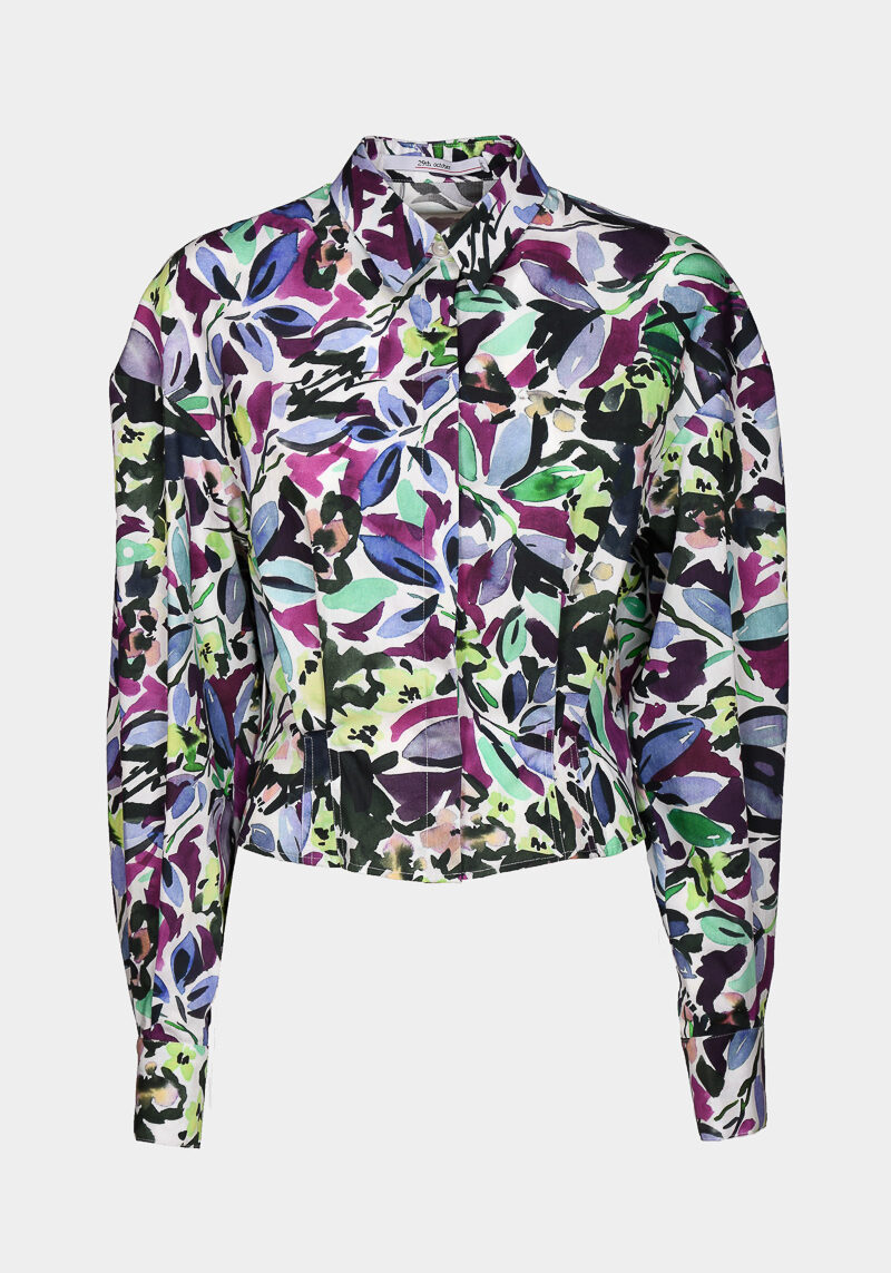 Gabriella-camisa-algodon-popelina-entallada-cintura-mangas-abullonadas-estampada-morado-verde-trendy