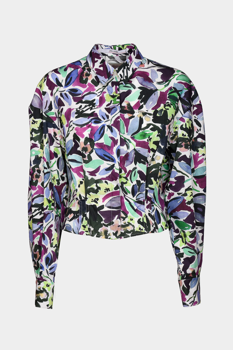 Gabriella-overhemd-katoen-popeline-getailleerde-pofmouwen-print-paars-groen-trendy