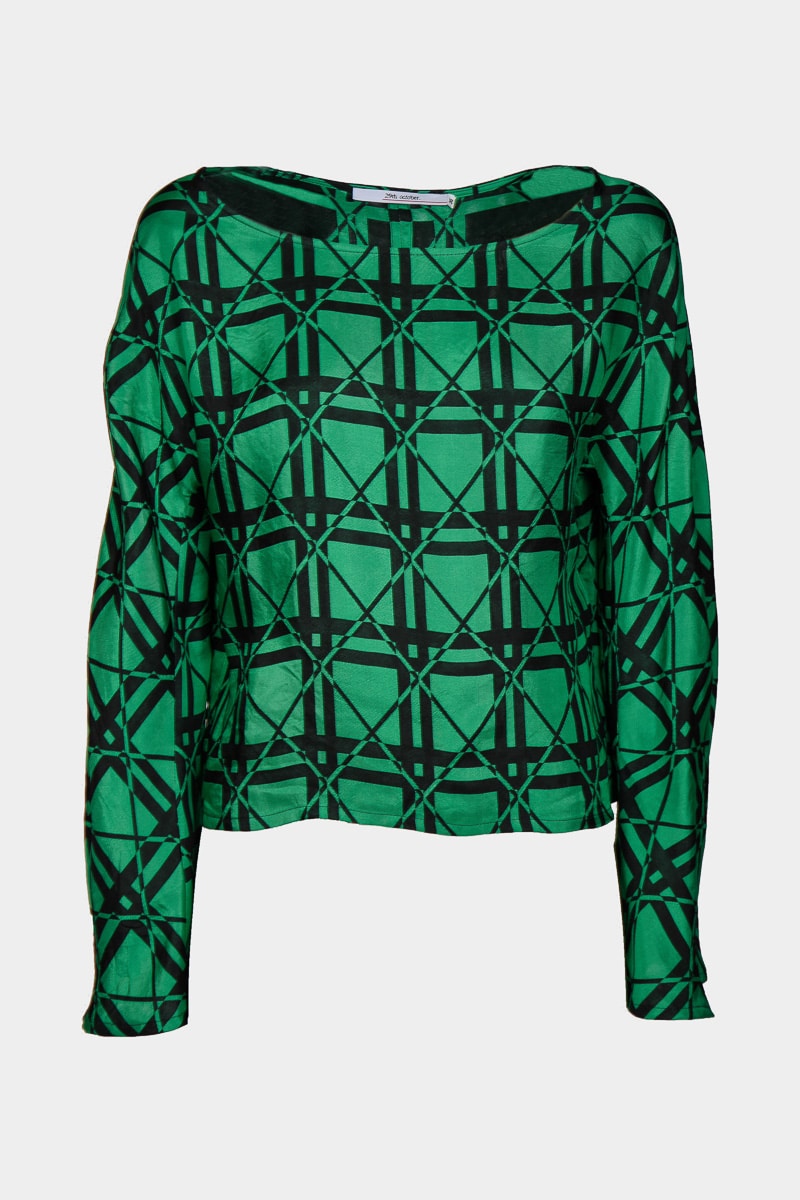 Gaelle-blouse-fluid-viscose-printed-green-black-wide-sleeves-boat-neck-elegant-knot