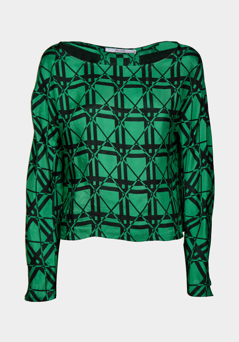 Gaelle-blouse-fluide-viscose-imprimé-vert-noir-manches-larges-col-bateau-noeud-élégant