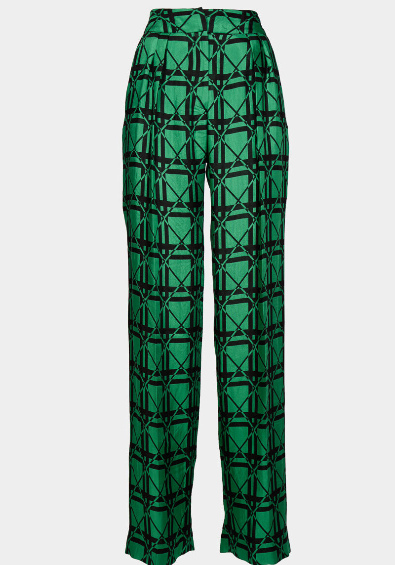Loredana-pantalon recto ancho-cintura alta-plisados-bolsillos-viscosa-estampada-verde-negro-fluido