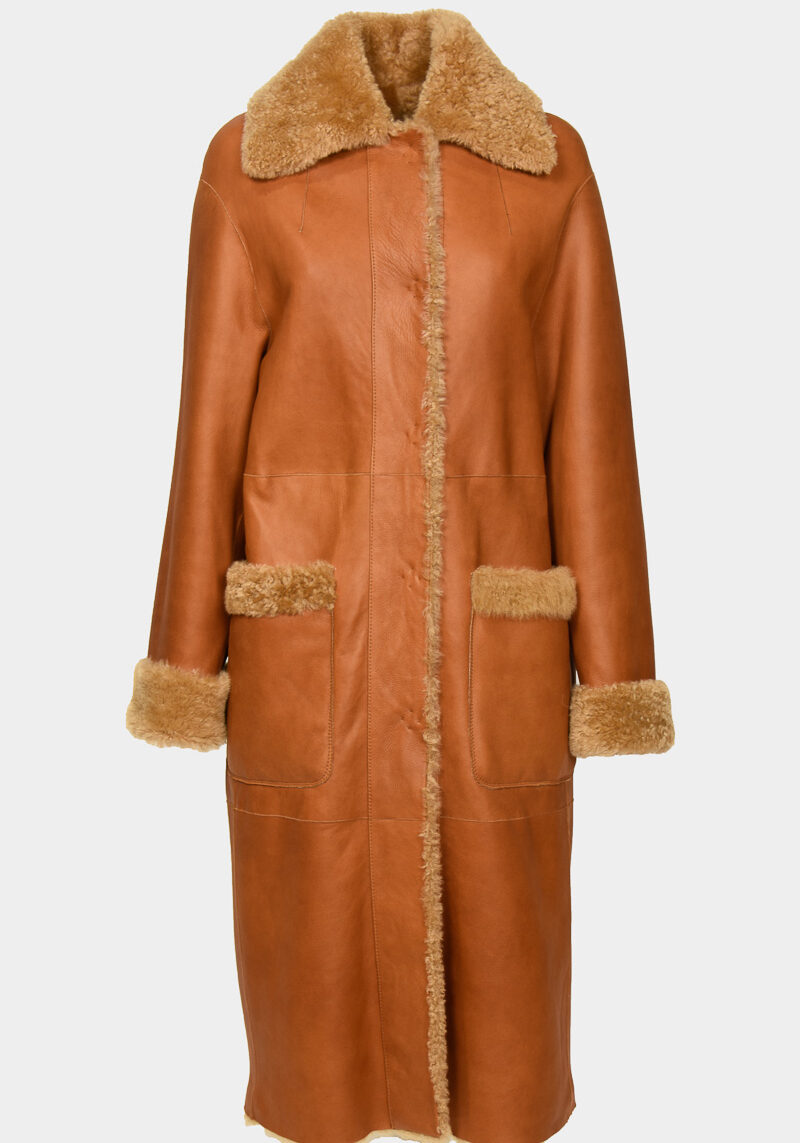 Mistrale-long-manteau-hiver-mouton-agneau-retourné-peaux-lainées-orange-argile-col-chemise-poches-plaquées-réversible0