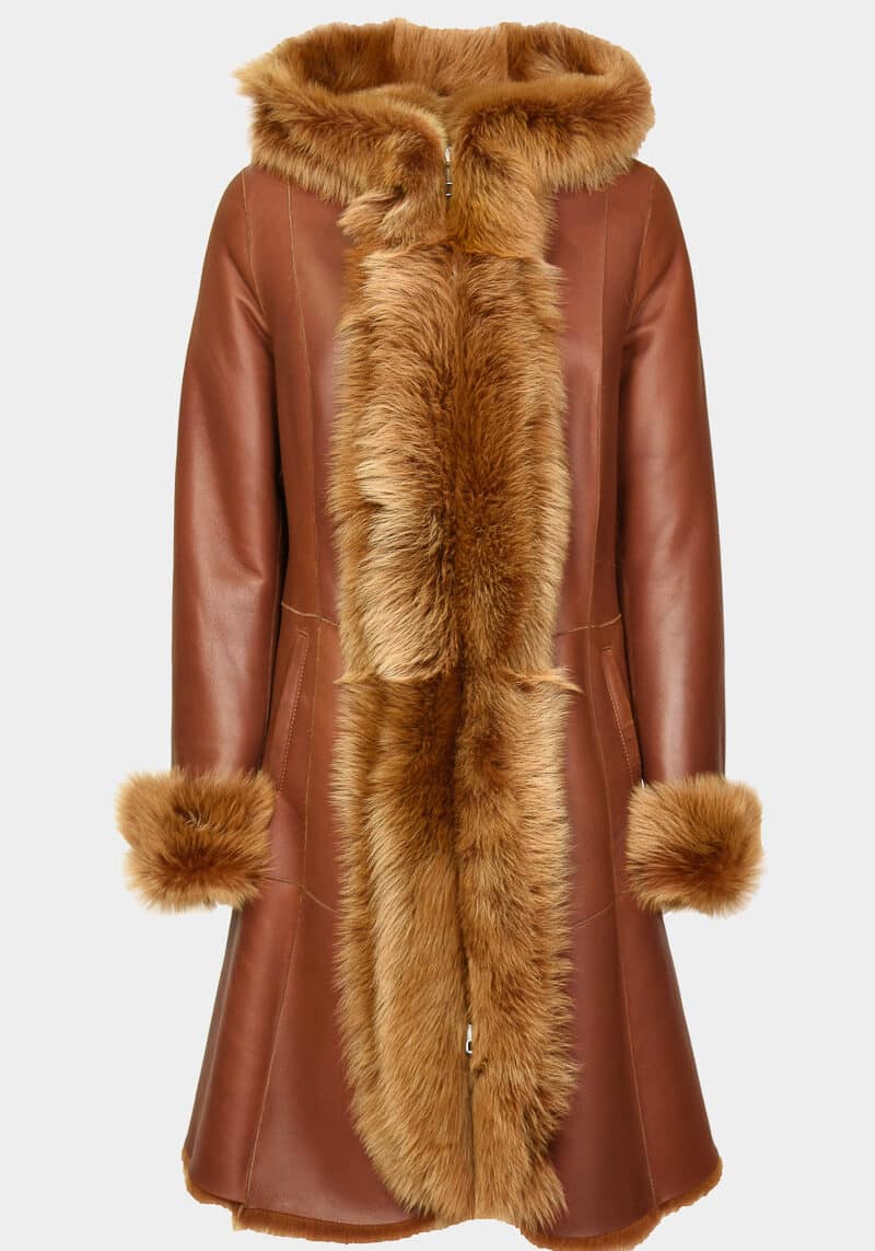 Victoire-long-coat-winter-sheep-lamb-Tuscan-turned-leather-hazelnut-hood-pockets-fitted-adjusted-elegant-0