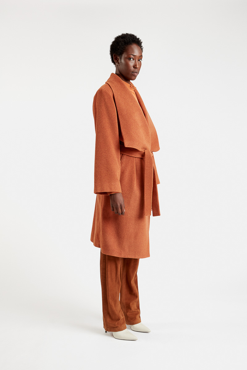 Yamanaka-manteau-laine-orange-large-manche-col-ceinture-poches-style-kimono-japonais-confortable-2