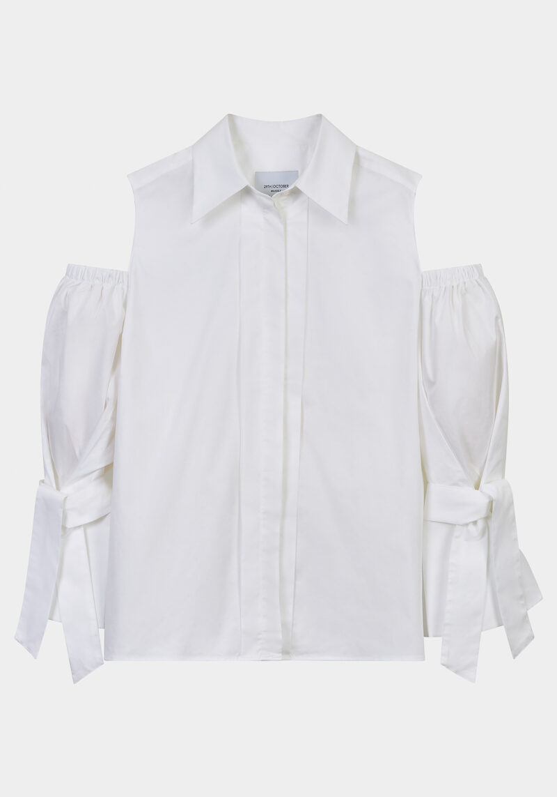 Carella-chemise-sophistiquée-popeline-blanche-épaules-découvertes-manches-nouées-design-créateur-élégant