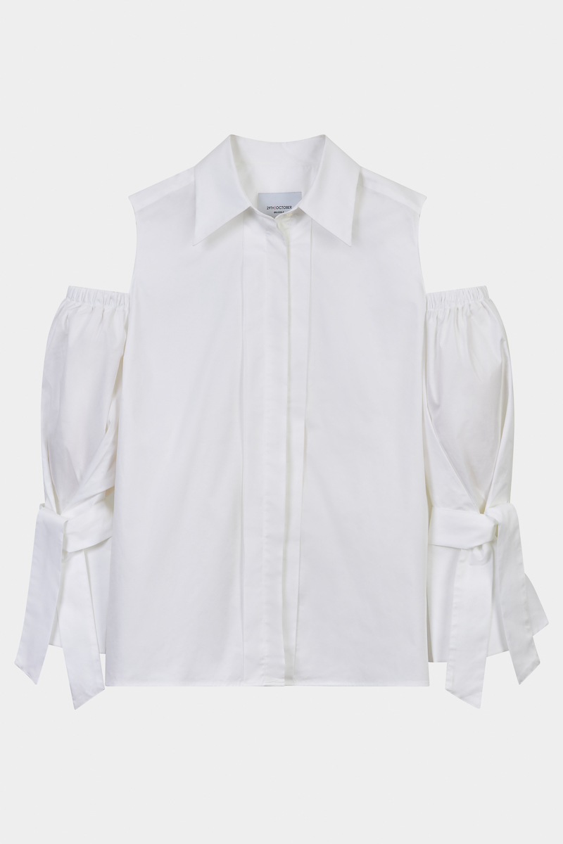 Carella-chemise-sophistiquée-popeline-blanche-épaules-découvertes-manches-nouées-design-créateur-élégant