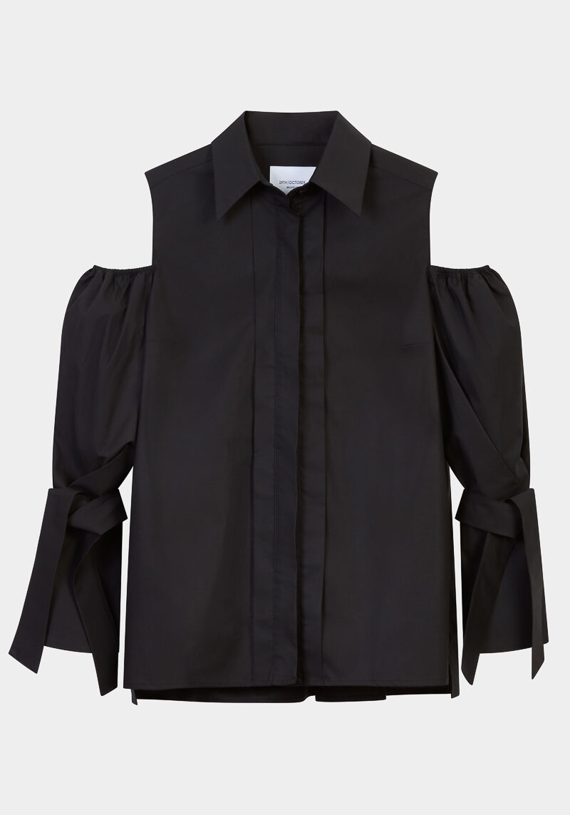 Carella-chemise-sophistiquée-popeline-noire-épaules-découvertes-manches-nouées-design-créateur-élégant