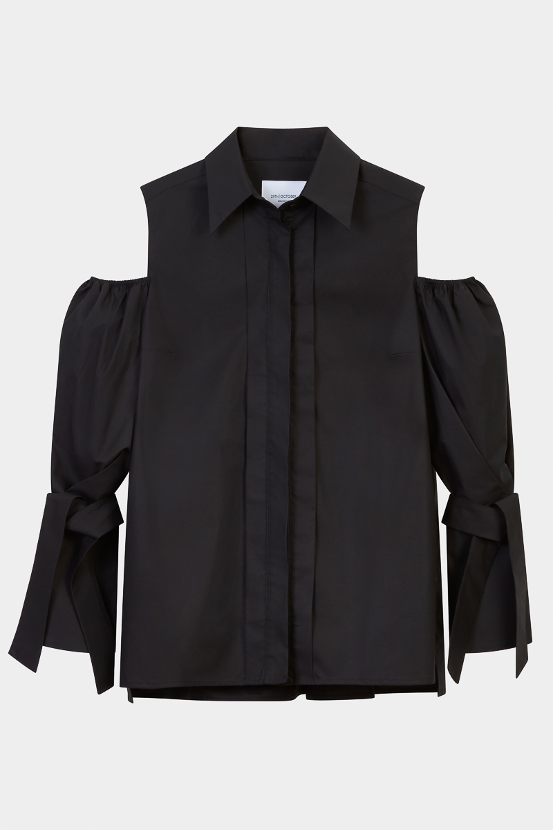 Carella-chemise-sophistiquée-popeline-noire-épaules-découvertes-manches-nouées-design-créateur-élégant