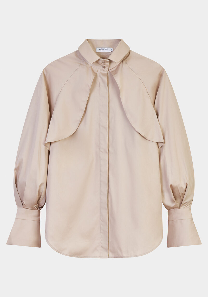 Divanella-chemise-popeline-coton-beige-bas-volets-design-créateur-manches-bouffantes-larges-manchettes