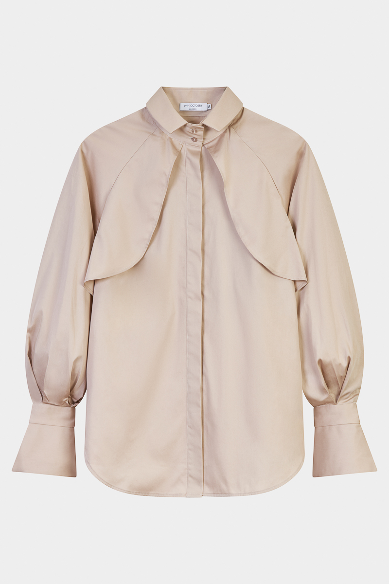 Divanella-chemise-popeline-coton-beige-bas-volets-design-créateur-manches-bouffantes-larges-manchettes