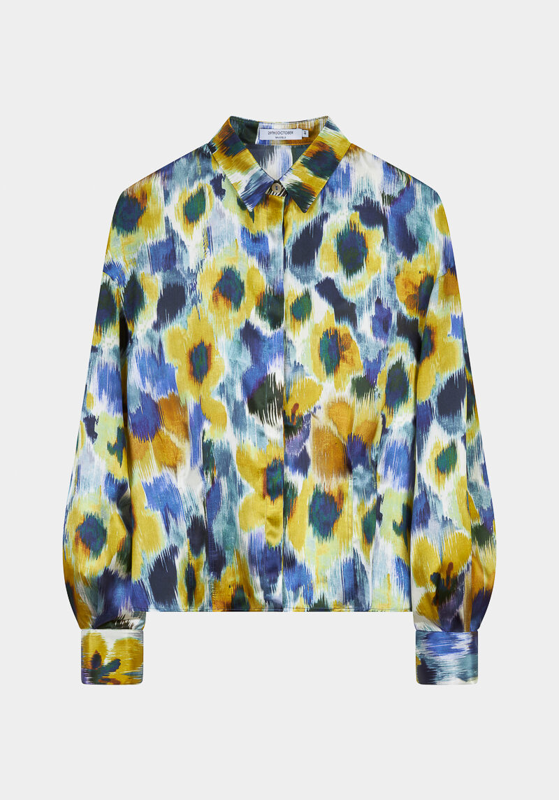 Gabriella-soie-bleu-jaune-chemise-legere-design-poetique-raffinee-cintree