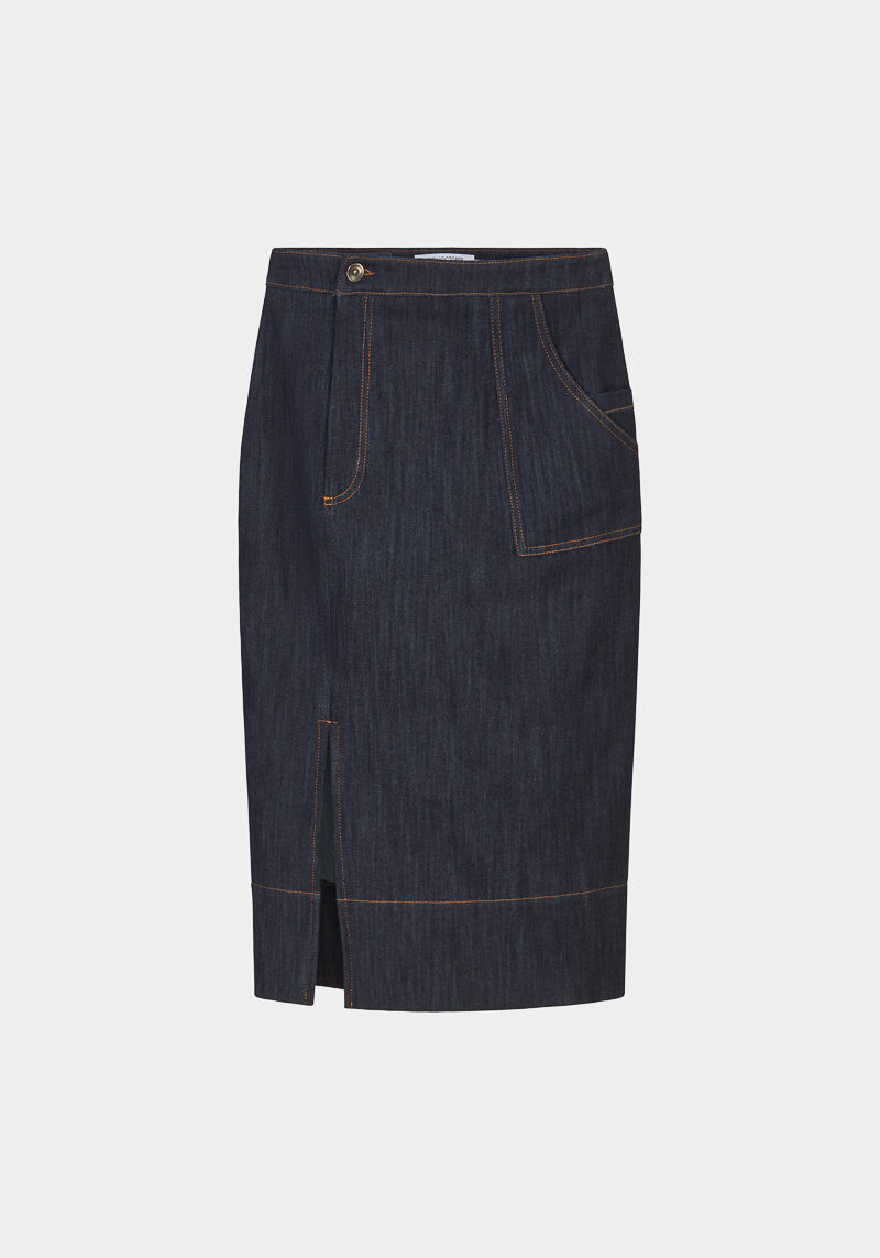 Noïra-jupe-coupe-droite-denim-coton-bleu-marine-découpe-asymétrique-fente-design-unique-moderne