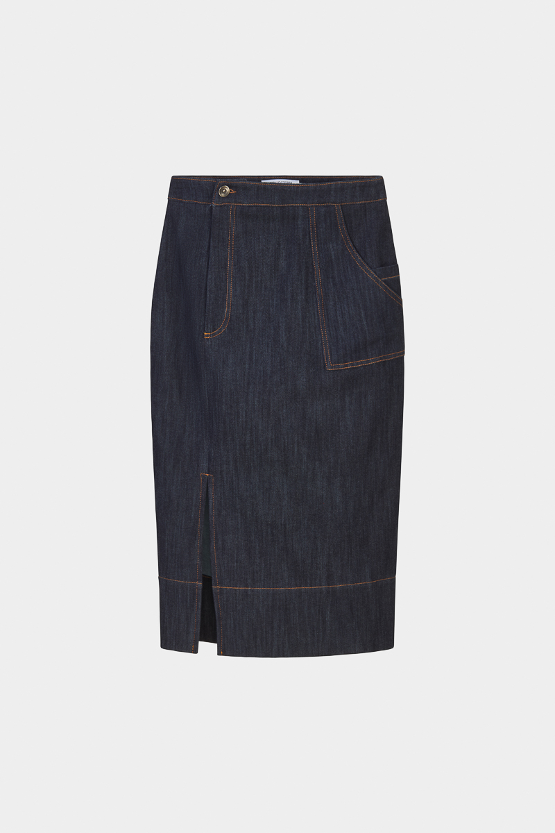 Noïra-jupe-coupe-droite-denim-coton-bleu-marine-découpe-asymétrique-fente-design-unique-moderne